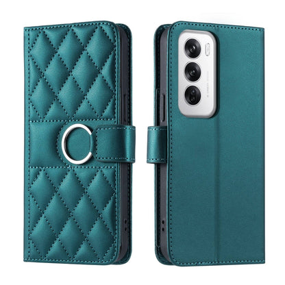 Teal rhombic quilt leather phone case with wrist strap and ring holder, folio