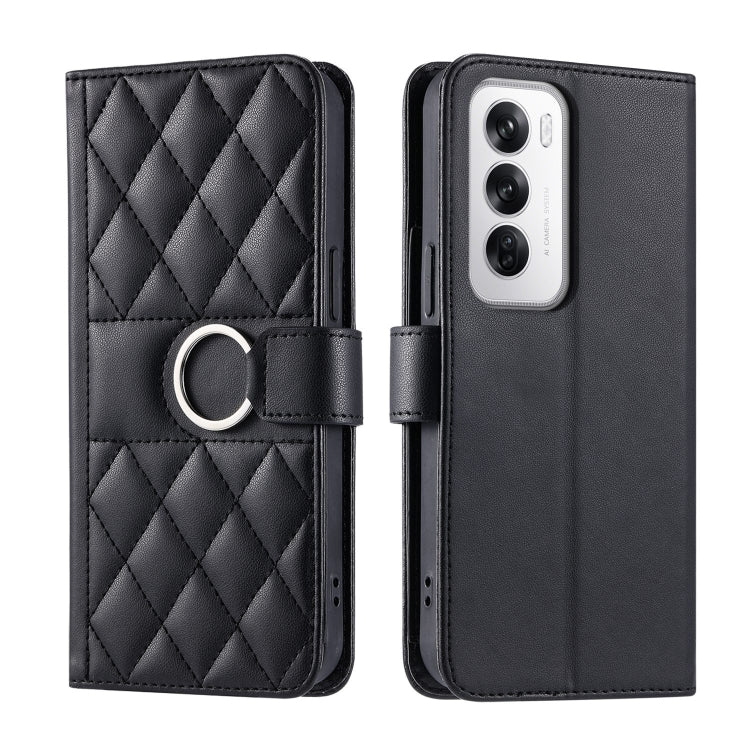 Black rhombic quilt leather phone case with wrist strap and ring holder, folio