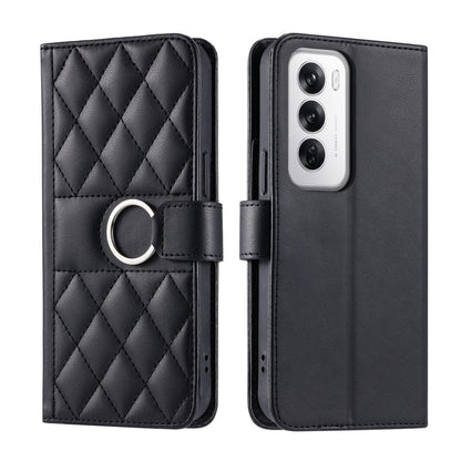 Black rhombic quilt leather phone case with wrist strap and ring holder, folio