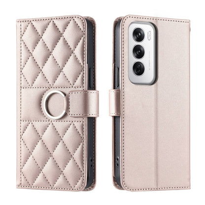 Light pink-beige rhombic quilt leather phone case with wrist strap and ring holder, folio