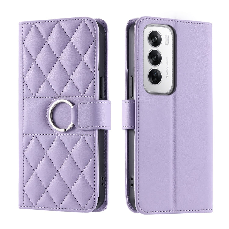 Lavender rhombic quilt leather phone case with wrist strap and ring holder, folio
