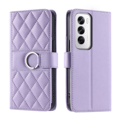 Lavender rhombic quilt leather phone case with wrist strap and ring holder, folio