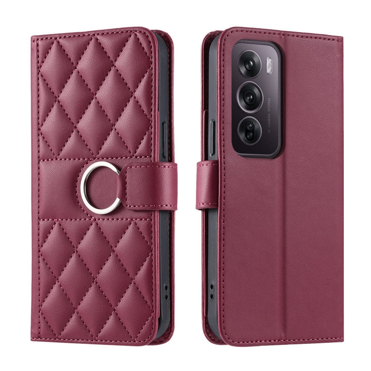 Ring buckle rhombic quilt leather phone case, maroon, with circular buckle on front