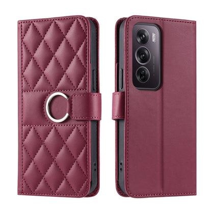 Ring buckle rhombic quilt leather phone case, maroon, with circular buckle on front
