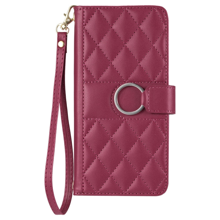 Ring buckle rhombic quilt leather phone case, maroon, with wrist strap and front ring