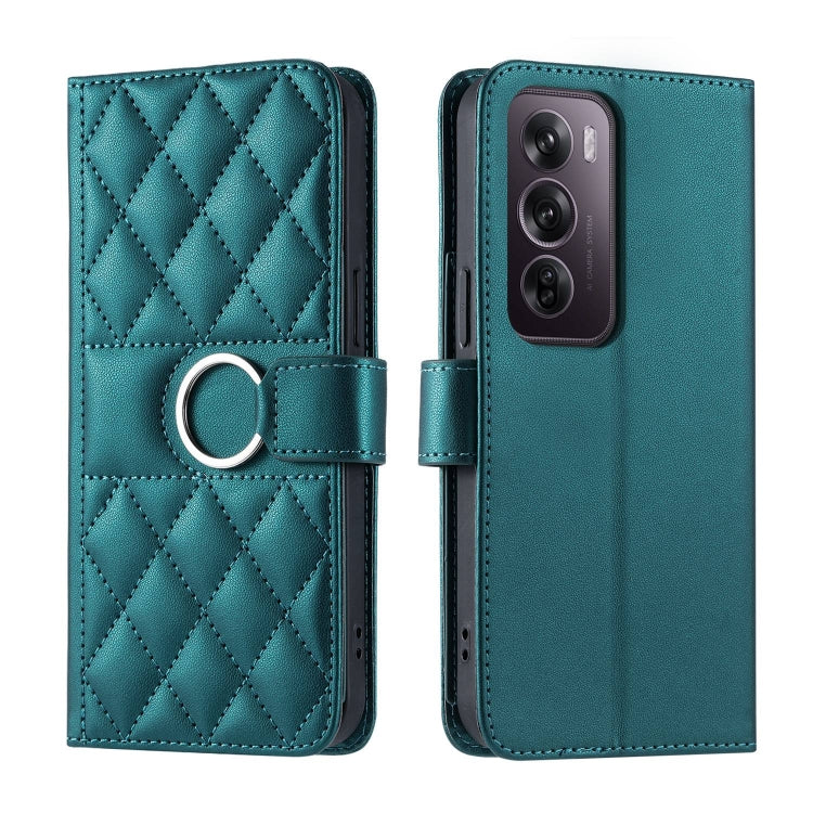 Ring buckle rhombic quilt leather phone case, teal, with circular ring buckle on front