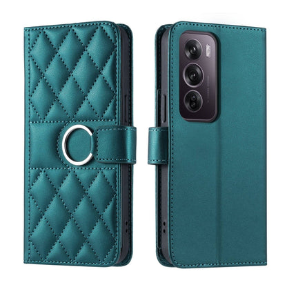 Ring buckle rhombic quilt leather phone case, teal, with circular ring buckle on front