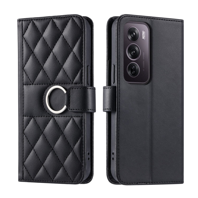 Ring buckle rhombic quilt leather phone case, black, with circular buckle strap on front