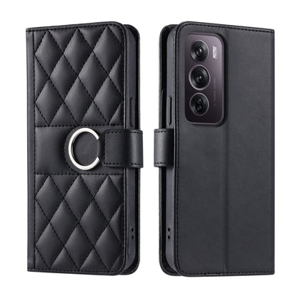 Ring buckle rhombic quilt leather phone case, black, with circular buckle strap on front
