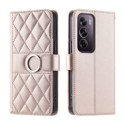 Ring buckle rhombic quilt leather phone case, light beige, with circular buckle on front