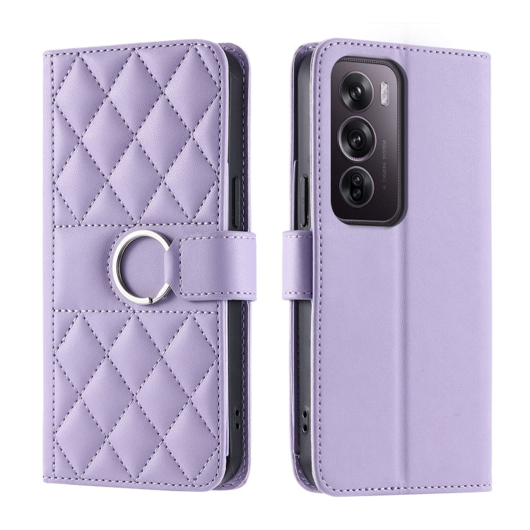 Purple rhombic quilt leather phone case with wrist strap and ring holder, folio