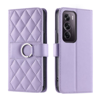 Purple rhombic quilt leather phone case with wrist strap and ring holder, folio