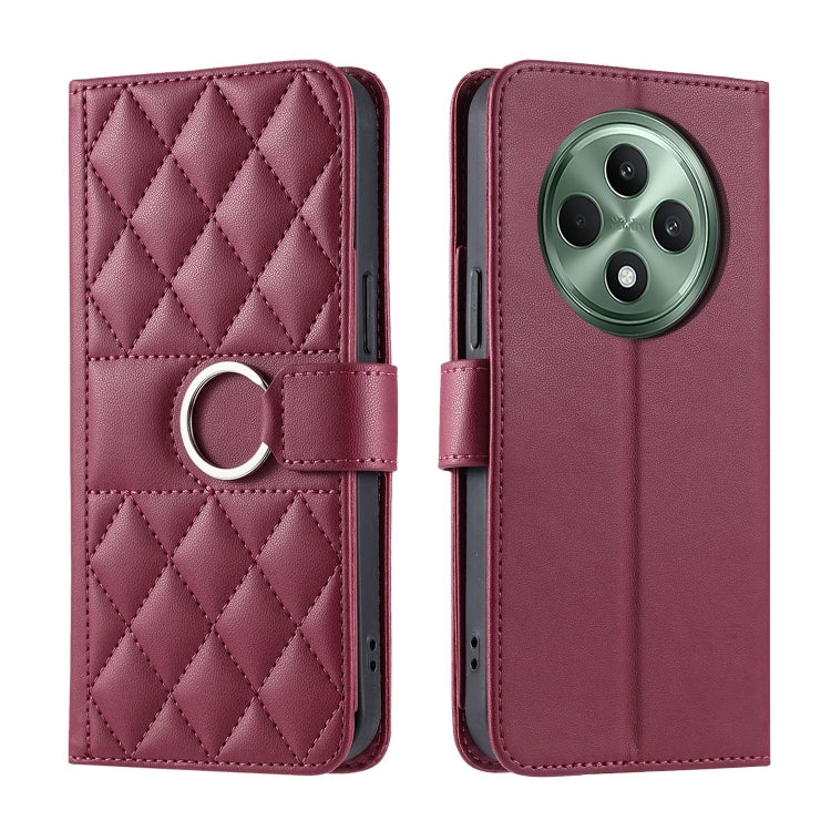 Burgundy rhombic leather phone case with ring buckle strap and quilted diamond pattern