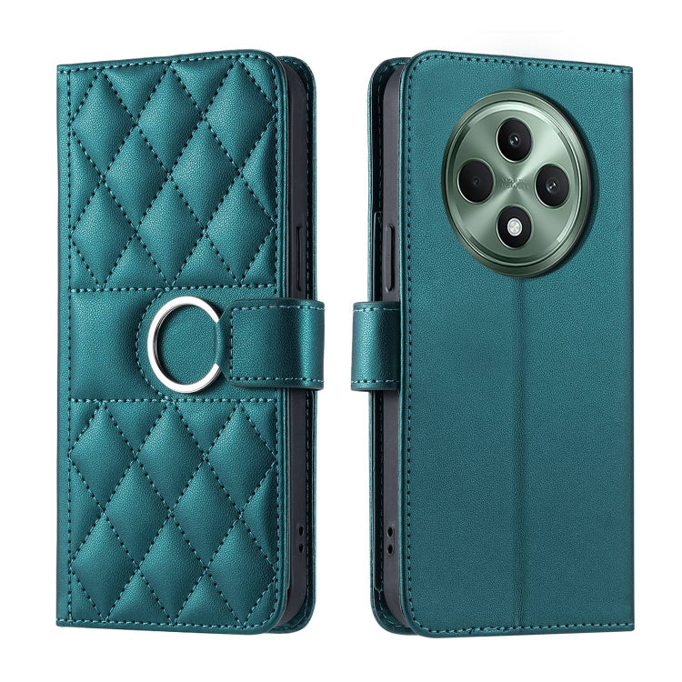 Teal rhombic leather phone case with ring buckle strap and quilted diamond pattern