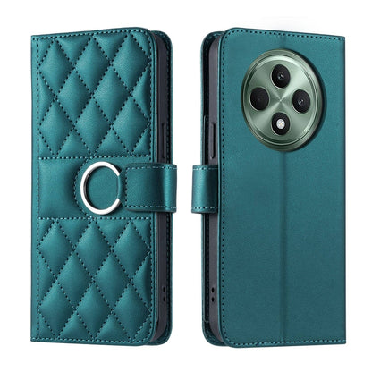 Teal rhombic leather phone case with ring buckle strap and quilted diamond pattern