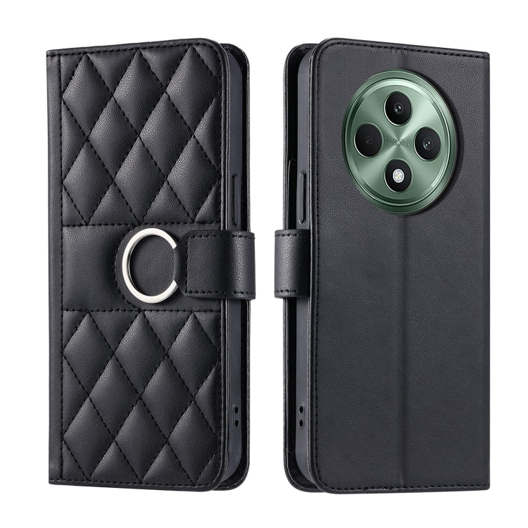 Black rhombic leather phone case with ring buckle strap and quilted diamond pattern
