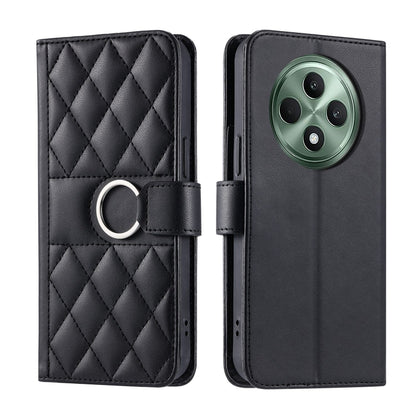 Black rhombic leather phone case with ring buckle strap and quilted diamond pattern