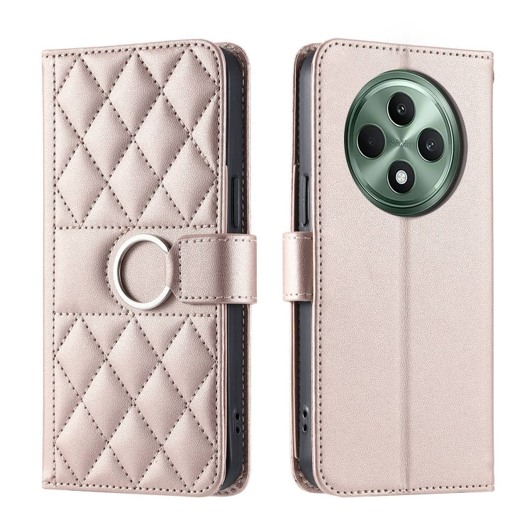 Light pink rhombic leather phone case with ring buckle strap and quilted diamond pattern