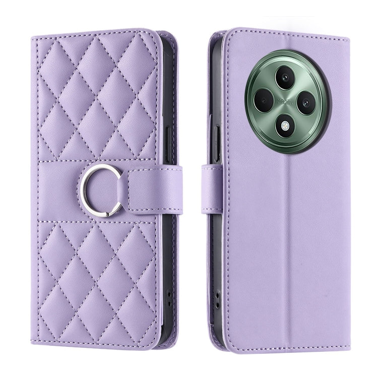 Lavender leather phone case with rhombic quilt pattern and ring buckle strap