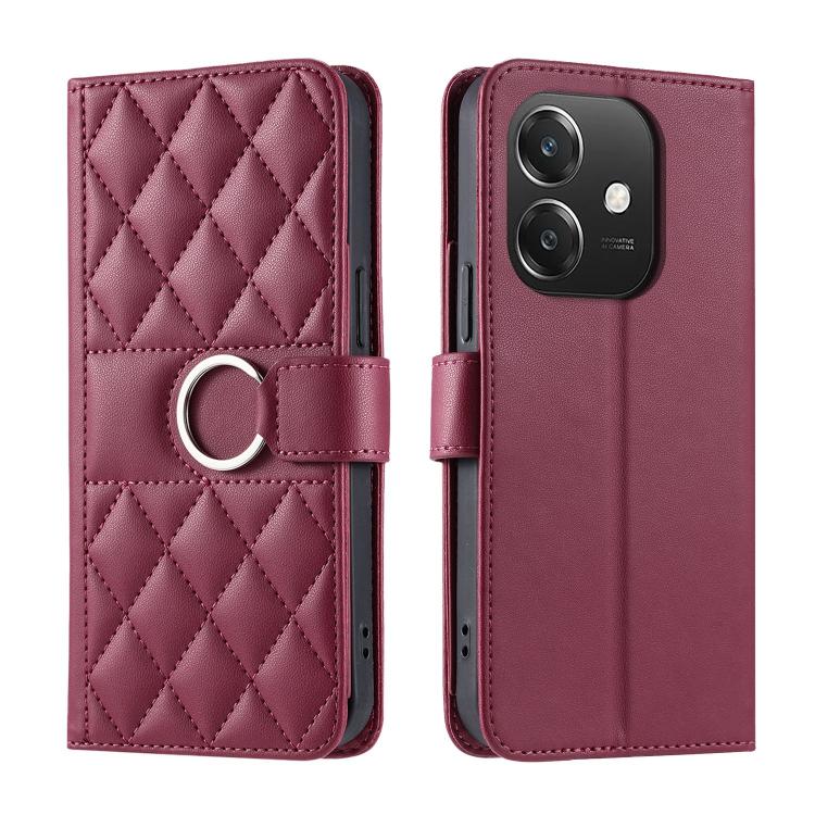 Burgundy leather wallet phone case with diamond quilt and ring buckle strap.