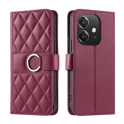 Burgundy leather wallet phone case with diamond quilt and ring buckle strap.