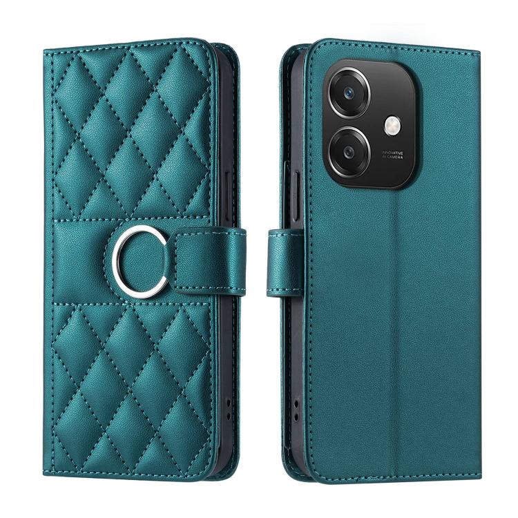 Teal leather wallet phone case with diamond quilt and ring buckle strap.