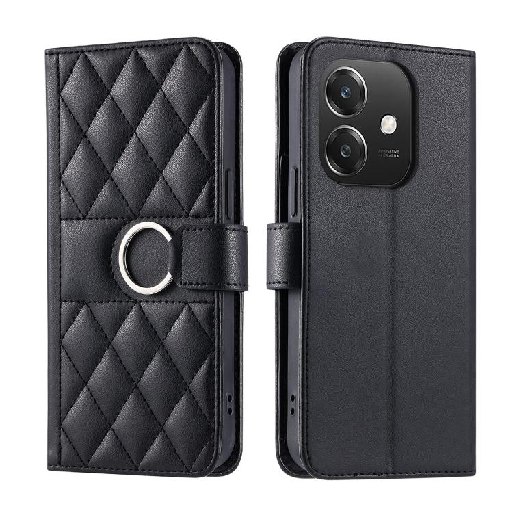 Black leather wallet phone case with diamond quilt and ring buckle strap.
