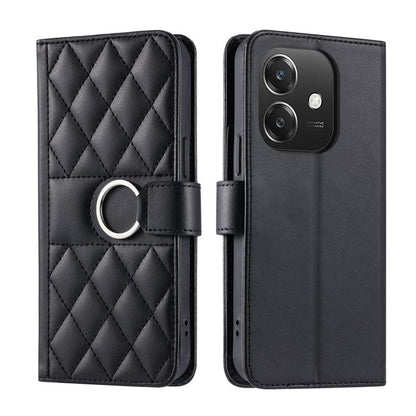 Black leather wallet phone case with diamond quilt and ring buckle strap.