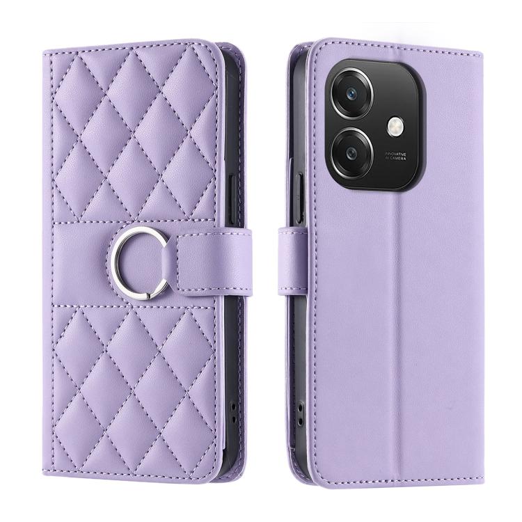 Lavender rhombic leather phone case with ring buckle strap and quilted diamond pattern
