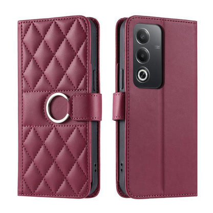 Burgundy rhombic leather phone case with ring buckle strap and quilted diamond pattern