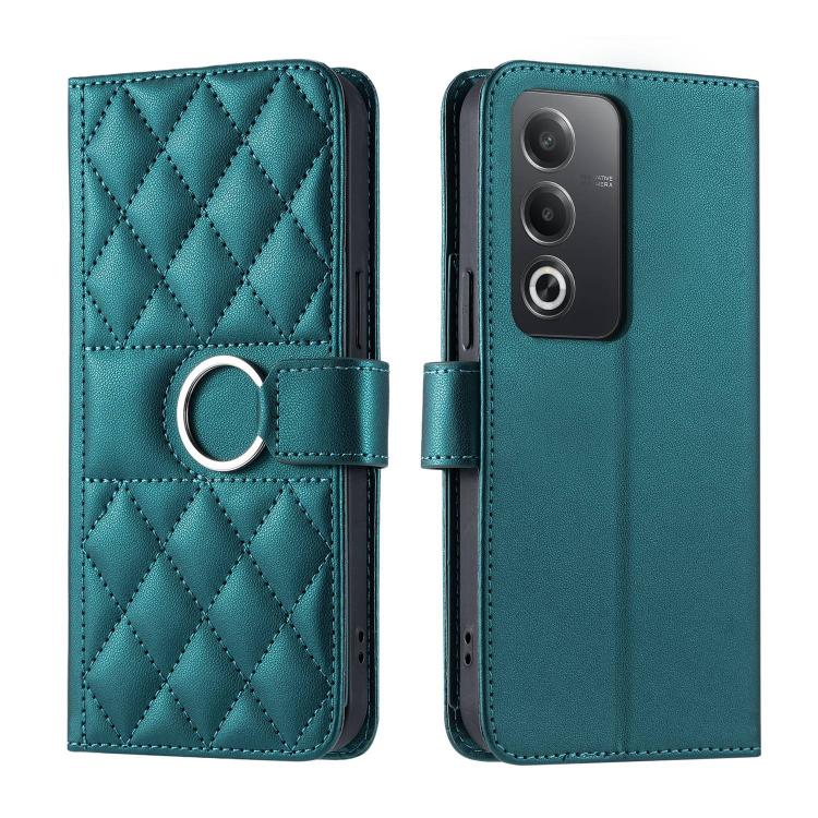 Teal rhombic leather phone case with ring buckle strap and quilted diamond pattern