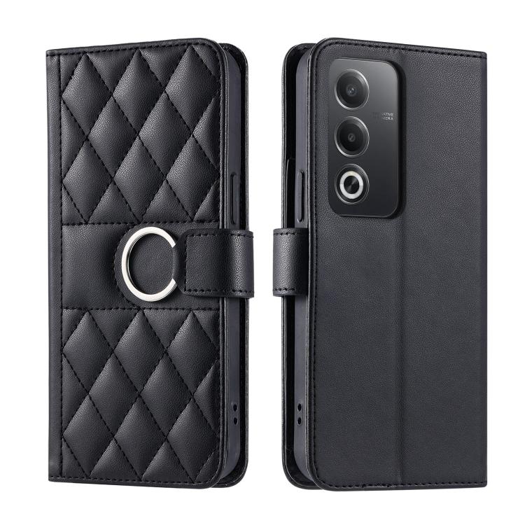 Black rhombic leather phone case with ring buckle strap and quilted diamond pattern