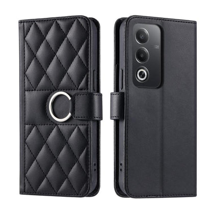 Black rhombic leather phone case with ring buckle strap and quilted diamond pattern