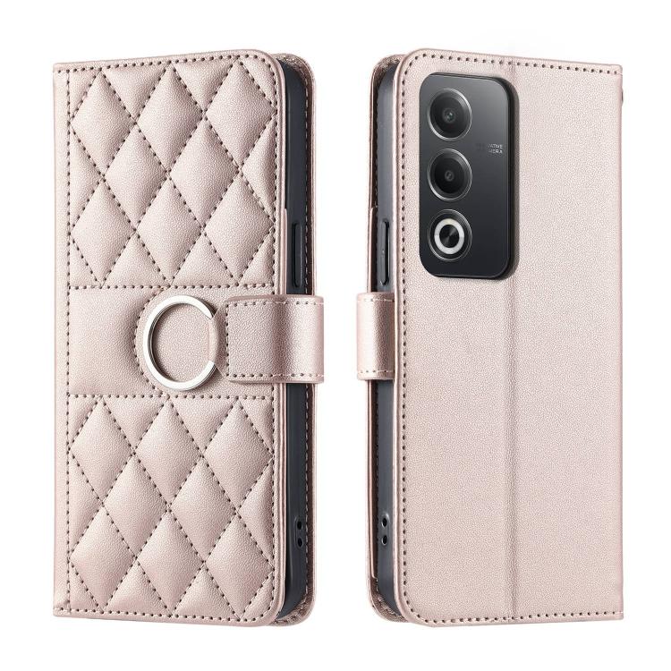 Light pink rhombic leather phone case with ring buckle strap and quilted diamond pattern