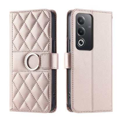 Light pink rhombic leather phone case with ring buckle strap and quilted diamond pattern