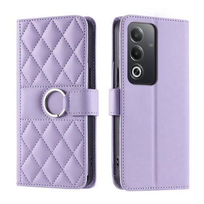 Lavender rhombic leather phone case with ring buckle strap and quilted diamond pattern
