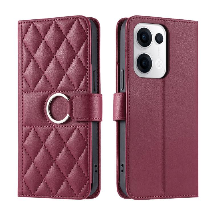 Burgundy leather phone wallet case with rhombic quilt, ring buckle strap, magnetic flap