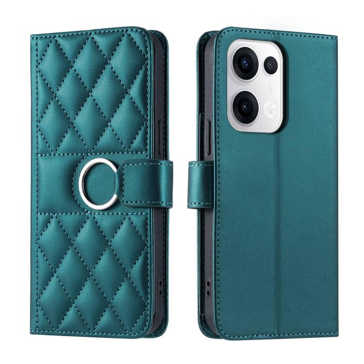 Teal leather phone wallet case with rhombic quilt, ring buckle strap, magnetic flap