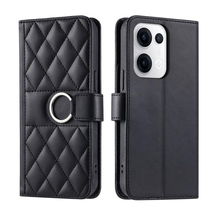 Black leather phone wallet case with rhombic quilt, ring buckle strap, magnetic flap