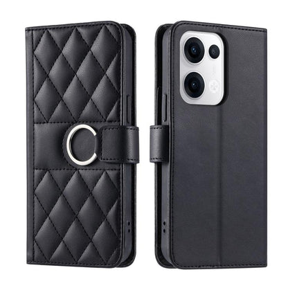 Black leather phone wallet case with rhombic quilt, ring buckle strap, magnetic flap
