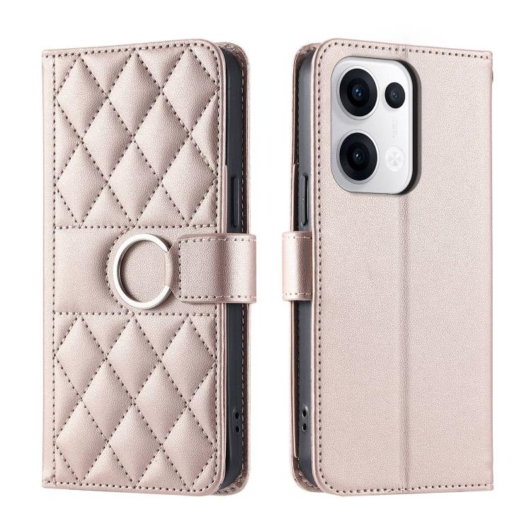 Rose gold leather phone wallet case with rhombic quilt, ring buckle strap, magnetic flap