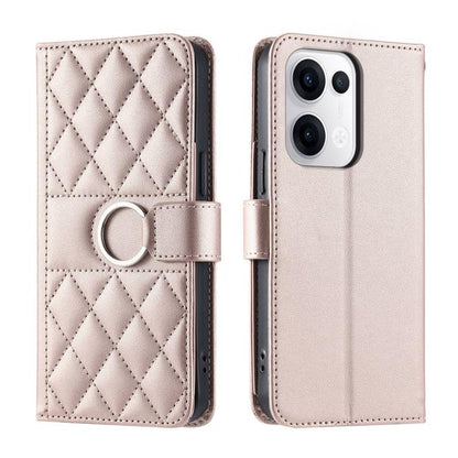 Rose gold leather phone wallet case with rhombic quilt, ring buckle strap, magnetic flap