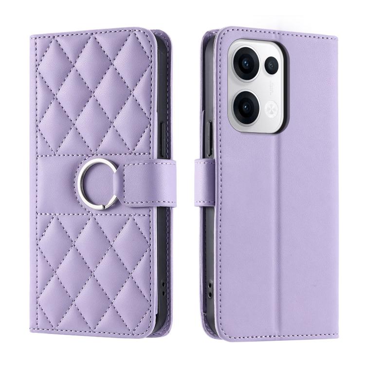 Purple leather phone case with diamond quilt and ring buckle strap, flip cover.
