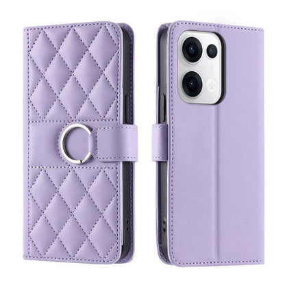 Purple leather phone case with diamond quilt and ring buckle strap, flip cover.
