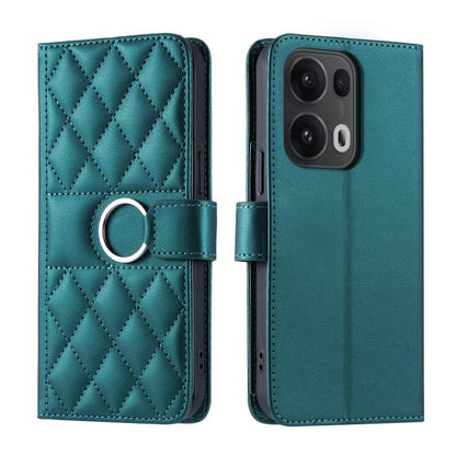 Teal leather phone wallet case with rhombic quilt, ring buckle strap, magnetic flap