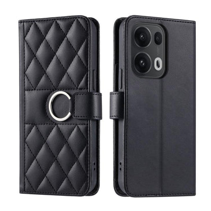 Black leather phone wallet case with rhombic quilt, ring buckle strap, magnetic flap