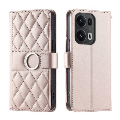 Rose gold leather phone wallet case with rhombic quilt, ring buckle strap, magnetic flap