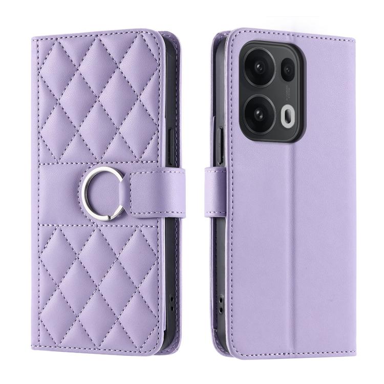 Lavender leather phone wallet case with rhombic quilt, ring buckle strap, magnetic flap