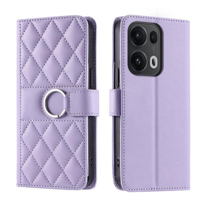 Lavender leather phone wallet case with rhombic quilt, ring buckle strap, magnetic flap
