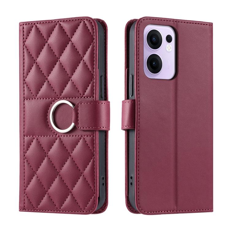 Burgundy leather phone case with diamond quilt and ring buckle strap, flip cover.